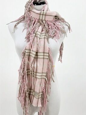 Vintage Burberry London Cashmere Scarf Pink Check Fringe Made In England 54"x7"